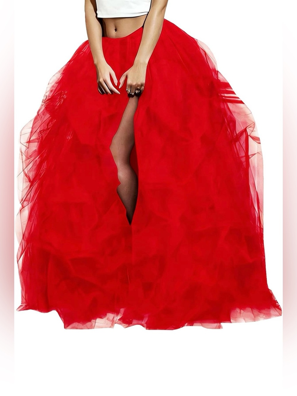 Red Tulle Layered Maxi Skirt - Voluminous Ruffle Design - Picture 2 of 3